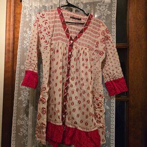 SOLD Gudrun Sjoden Red and Cream Hand blocked Nicole Top. Small.  $60